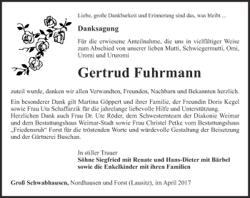 Traueranzeige von Gertrud Fuhrmann von Thüringer Allgemeine, Thüringische Landeszeitung