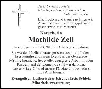 Traueranzeige von Mathilde Zell von Ostthüringer Zeitung