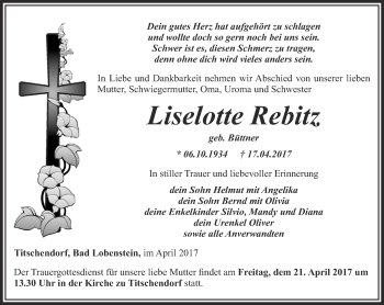 Traueranzeige von Liselotte Rebitz von Ostthüringer Zeitung