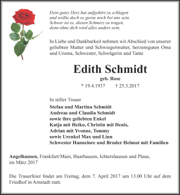 Traueranzeige von Edith Schmidt von Thüringer Allgemeine