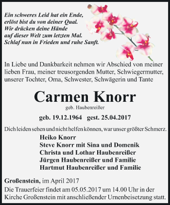 Traueranzeige von Carmen Knorr von Ostthüringer Zeitung