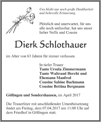 Traueranzeige von Dierk Schlothauer von Thüringer Allgemeine