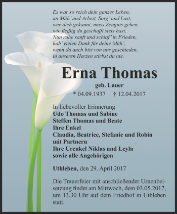 Traueranzeige von Erna Thomas von Thüringer Allgemeine