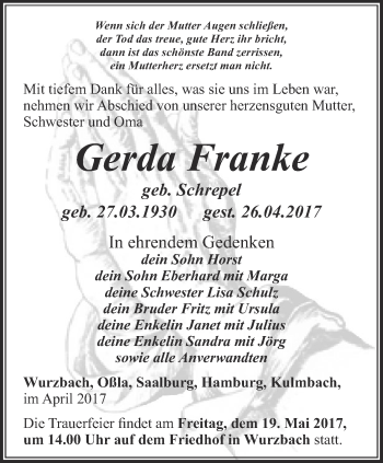 Traueranzeige von Gerda Franke von Ostthüringer Zeitung