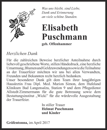 Traueranzeige von Elisabeth Puschmann von Thüringer Allgemeine, Thüringische Landeszeitung