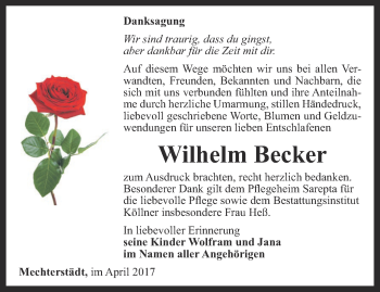 Traueranzeige von Wilhelm Becker von Ostthüringer Zeitung, Thüringische Landeszeitung