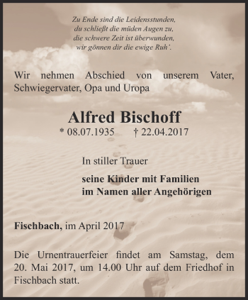 Traueranzeige von Alfred Bischoff von Ostthüringer Zeitung, Thüringische Landeszeitung