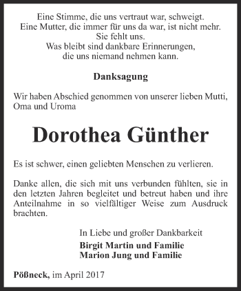 Traueranzeige von Dorothea  Günter von Ostthüringer Zeitung