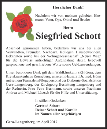 Traueranzeige von Siegfried Schott von Ostthüringer Zeitung