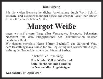 Traueranzeige von Margot Weiße von Thüringer Allgemeine
