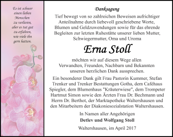 Traueranzeige von Erna Stoll von Ostthüringer Zeitung, Thüringische Landeszeitung
