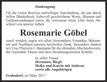 Traueranzeige von Rosemarie Göbel von Thüringer Allgemeine