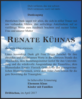 Traueranzeige von Renate Kühnas von Ostthüringer Zeitung