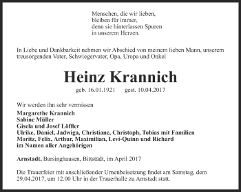 Traueranzeige von Heinz Krannich von Thüringer Allgemeine