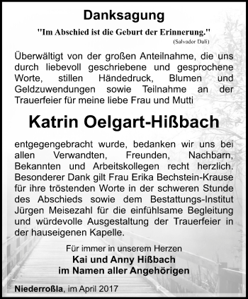 Traueranzeige von Katrin Oelgart-Hißbach von Thüringer Allgemeine, Thüringische Landeszeitung