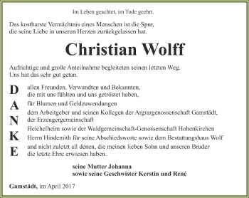 Traueranzeige von Christian Wolff von Ostthüringer Zeitung, Thüringische Landeszeitung