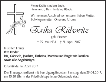Traueranzeige von Erika Rübowitz von Ostthüringer Zeitung, Thüringische Landeszeitung