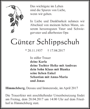 Traueranzeige von Günter Schlippschuh von Thüringer Allgemeine