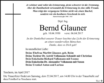 Traueranzeige von Bernd Glauner von Ostthüringer Zeitung