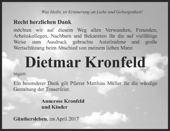 Traueranzeige von Dietmar Kronfeld von Ostthüringer Zeitung, Thüringische Landeszeitung