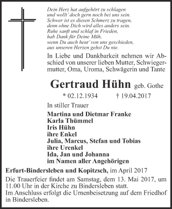 Traueranzeige von Gertraud Hühn von Thüringer Allgemeine, Thüringische Landeszeitung