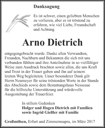 Traueranzeige von Arno Dietrich von Thüringer Allgemeine, Thüringische Landeszeitung