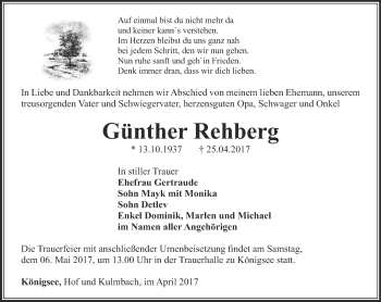 Traueranzeige von Günther Rehberg von Ostthüringer Zeitung