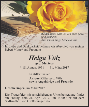 Traueranzeige von Helga Völz von Thüringer Allgemeine, Thüringische Landeszeitung