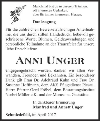 Traueranzeige von Anni Unger von Ostthüringer Zeitung