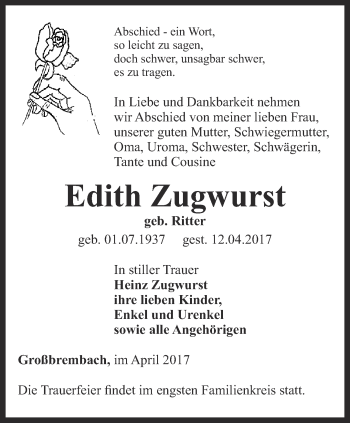 Traueranzeige von Edith Zugwurst von Thüringer Allgemeine