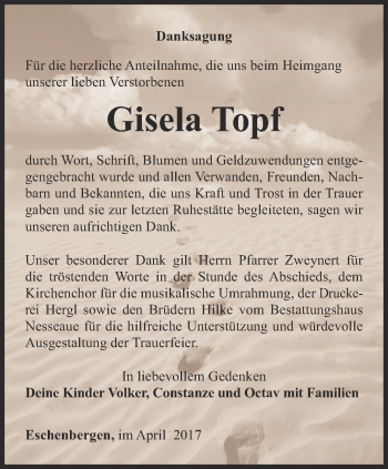 Traueranzeige von Gisela Topf von Ostthüringer Zeitung, Thüringische Landeszeitung