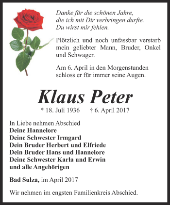 Traueranzeige von Klaus Peter von Thüringer Allgemeine, Thüringische Landeszeitung