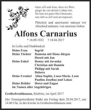 Traueranzeige von Alfons Carnarius von Ostthüringer Zeitung, Thüringische Landeszeitung