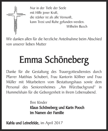 Traueranzeige von Emma Schöneberg von Ostthüringer Zeitung, Thüringische Landeszeitung