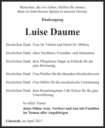 Traueranzeige von Luise Daume von Thüringer Allgemeine