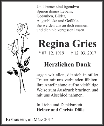 Traueranzeige von Regina Gries    von Thüringer Allgemeine