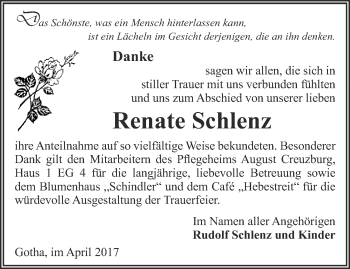 Traueranzeige von Renate Schlenz von Ostthüringer Zeitung, Thüringische Landeszeitung