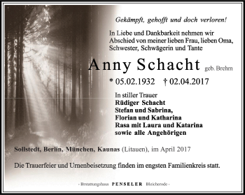 Traueranzeige von Anny Schacht von Thüringer Allgemeine