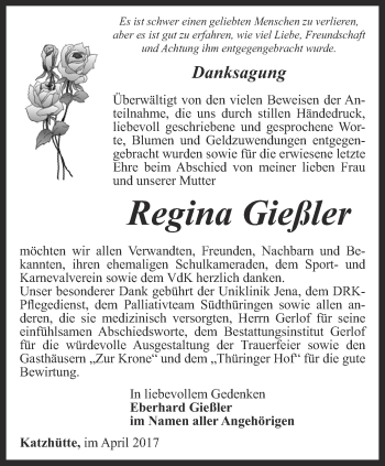 Traueranzeige von Regina Gießler von Ostthüringer Zeitung