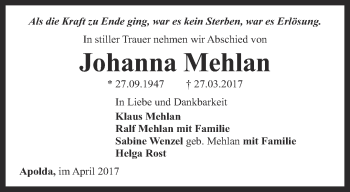 Traueranzeige von Johanna Mehlan von Thüringer Allgemeine, Thüringische Landeszeitung