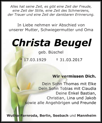 Traueranzeige von Christa Beugel von Thüringer Allgemeine, Thüringische Landeszeitung