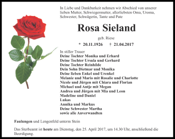 Traueranzeige von Rosa Sieland von Thüringer Allgemeine, Thüringische Landeszeitung