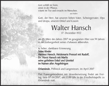 Traueranzeige von Walter Hansch von Ostthüringer Zeitung, Thüringische Landeszeitung