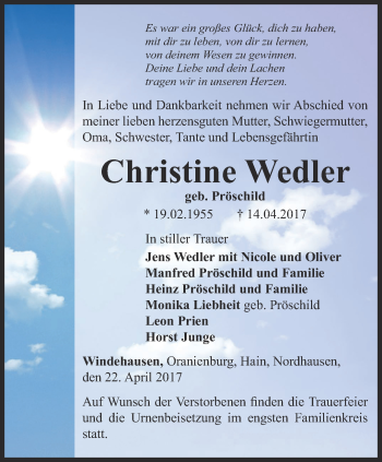 Traueranzeige von Christine Wedler von Thüringer Allgemeine