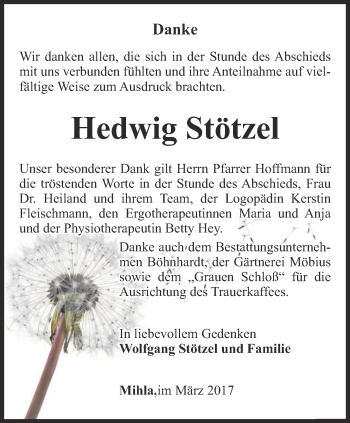 Traueranzeige von Hedwig Stötzel von Thüringer Allgemeine, Thüringische Landeszeitung