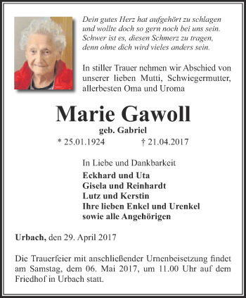 Traueranzeige von Marie Gawoll von Thüringer Allgemeine