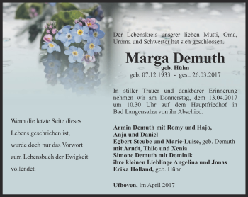 Traueranzeige von Marga Demuth von Thüringer Allgemeine, Thüringische Landeszeitung