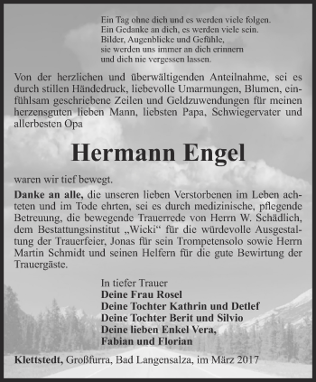 Traueranzeige von Hermann Engel von Thüringer Allgemeine, Thüringische Landeszeitung