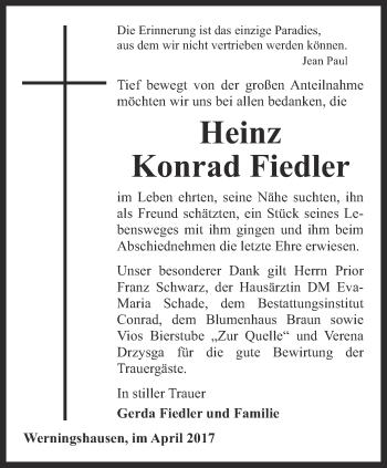 Traueranzeige von Heinz Konrad Fiedler von Thüringer Allgemeine