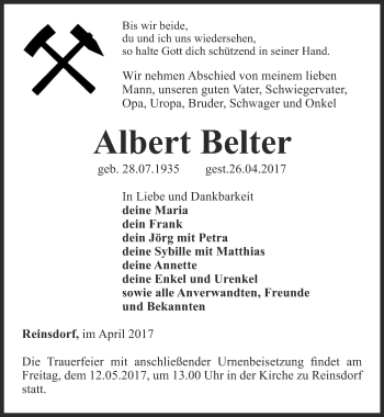 Traueranzeige von Albert Belter von Ostthüringer Zeitung